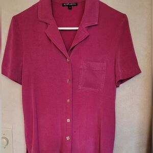 Magenta Short Sleeve Shirt With Suede-style Fabric  Small